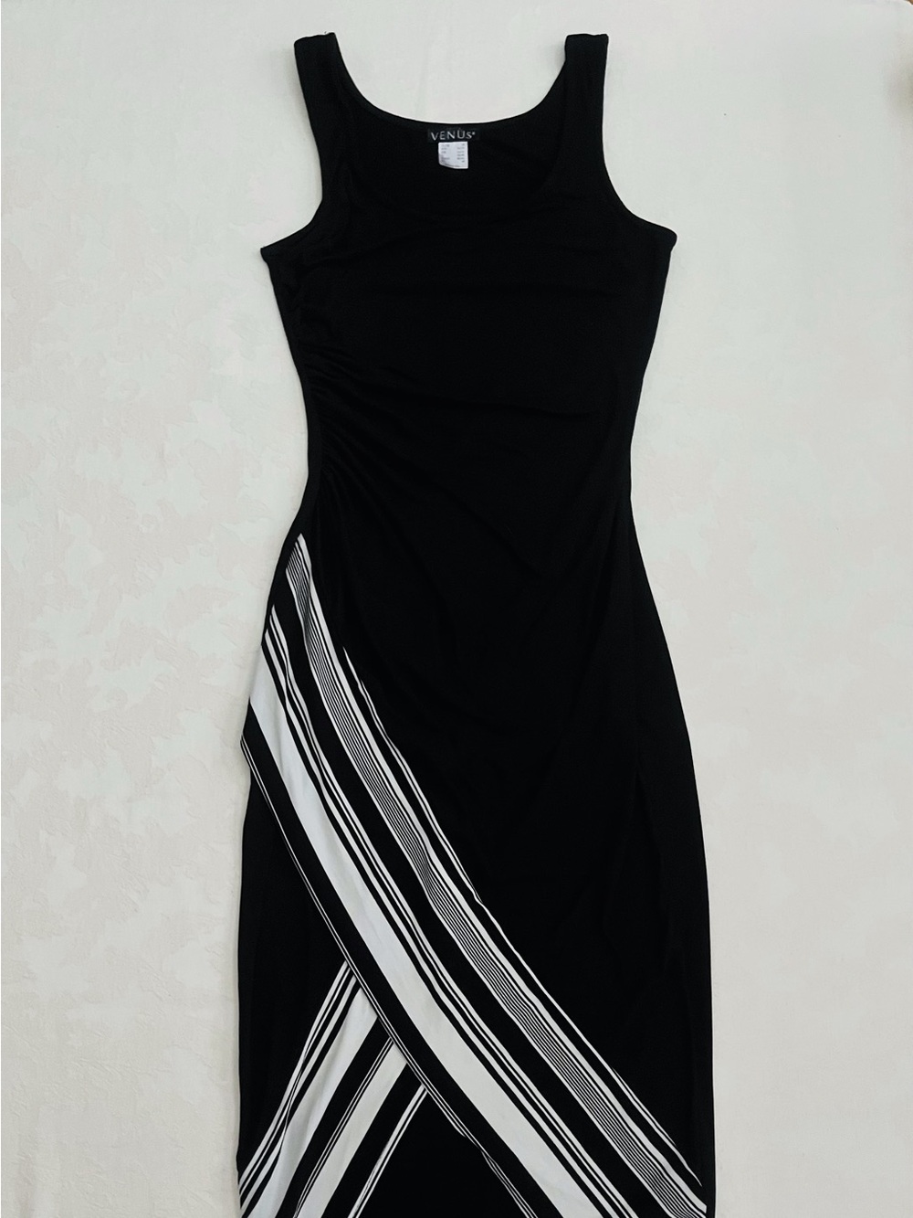 Venus y2k long black bodycon ruched dress w black & white diagonal front open XS